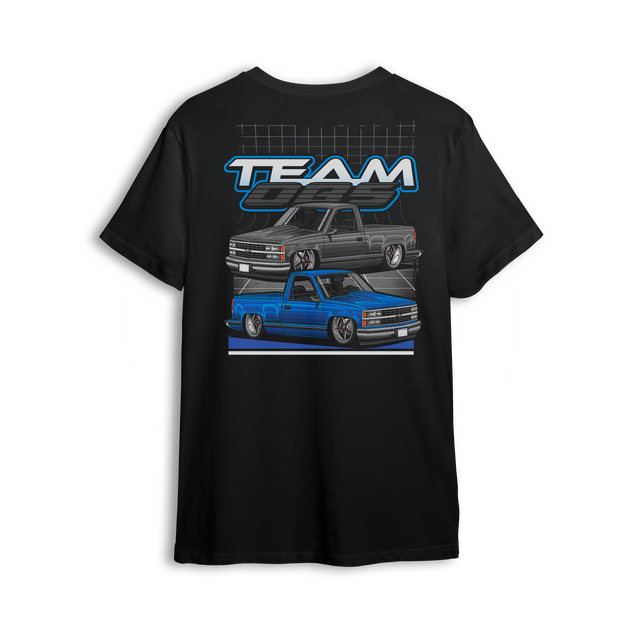 Black t-shirt featuring a slammed OBS truck design from The Drop Shop x Team OBS collab