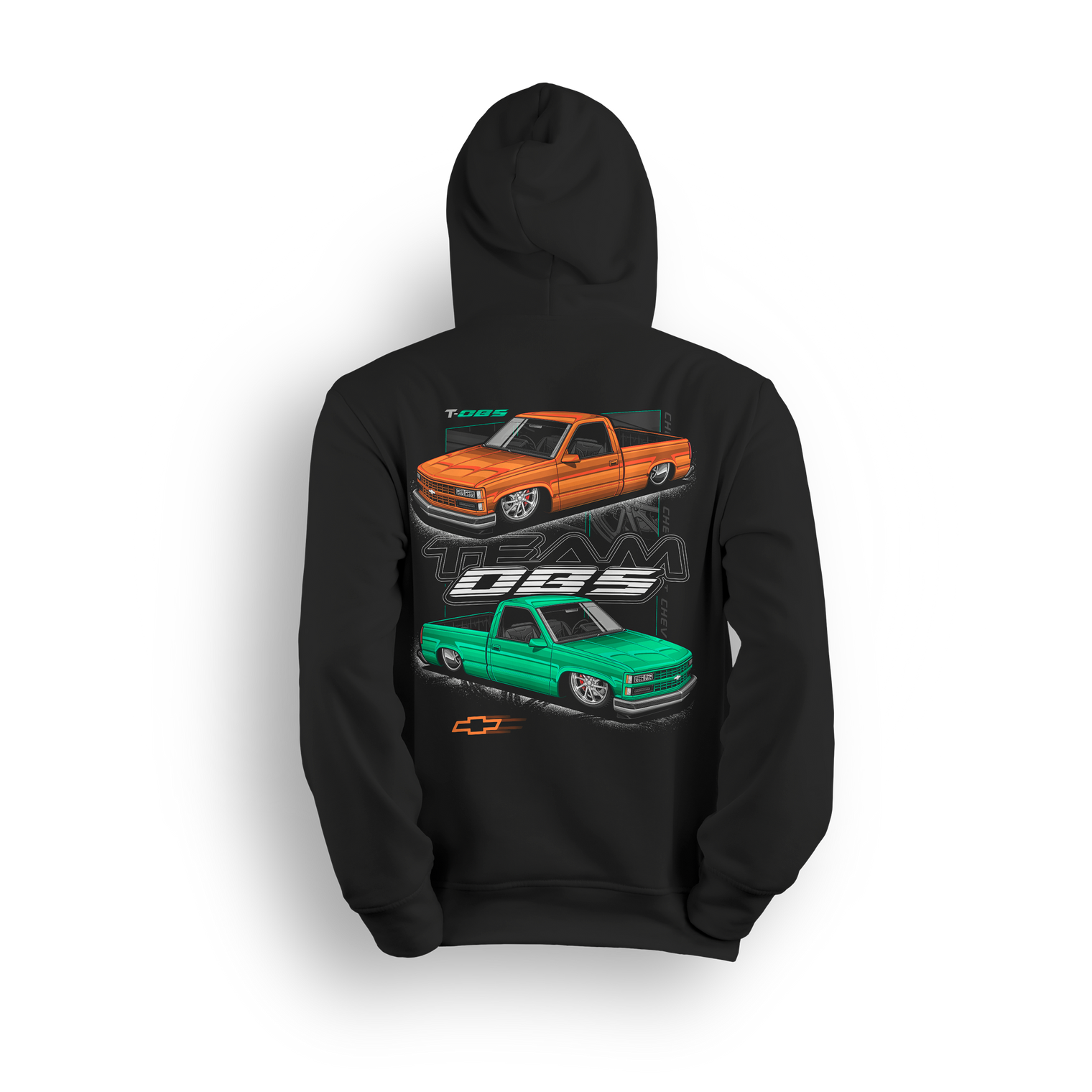 Black hoodie featuring slammed OBS trucks in orange and mint with Team OBS graphics