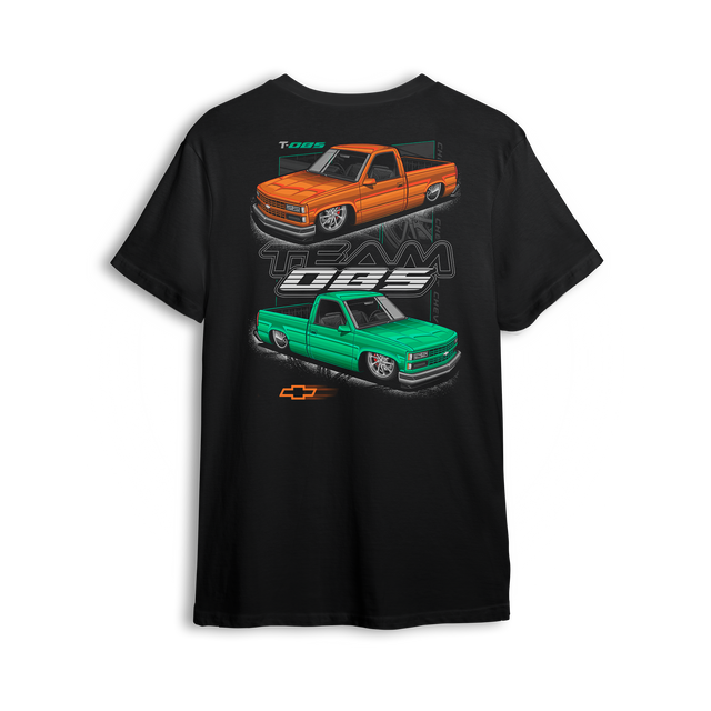 Black t-shirt featuring slammed OBS trucks in orange and mint with Team OBS graphics