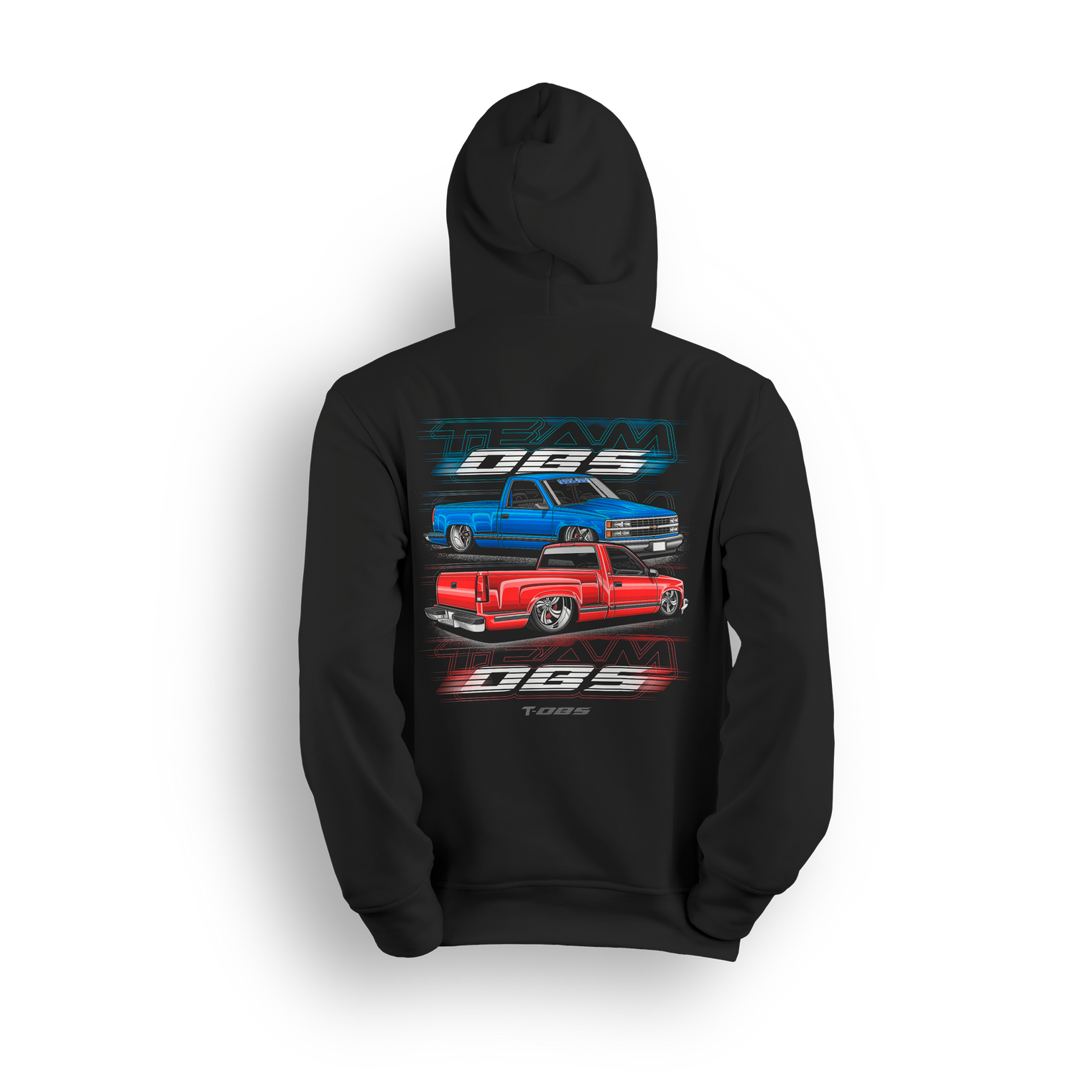 Black hoodie with slammed red and blue OBS trucks and motion TEAM OBS graphics