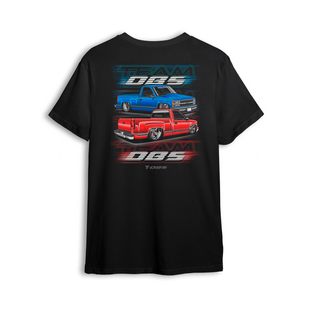 Black t-shirt with slammed red and blue OBS trucks and motion TEAM OBS graphics