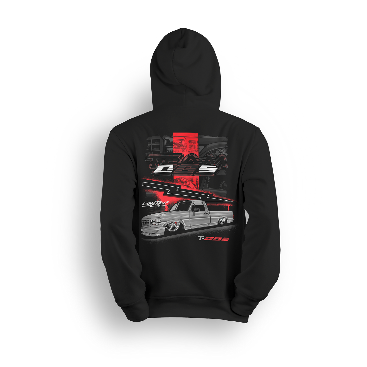 Black hoodie featuring a silver OBS truck with red lightning graphics and TEAM OBS vertical design
