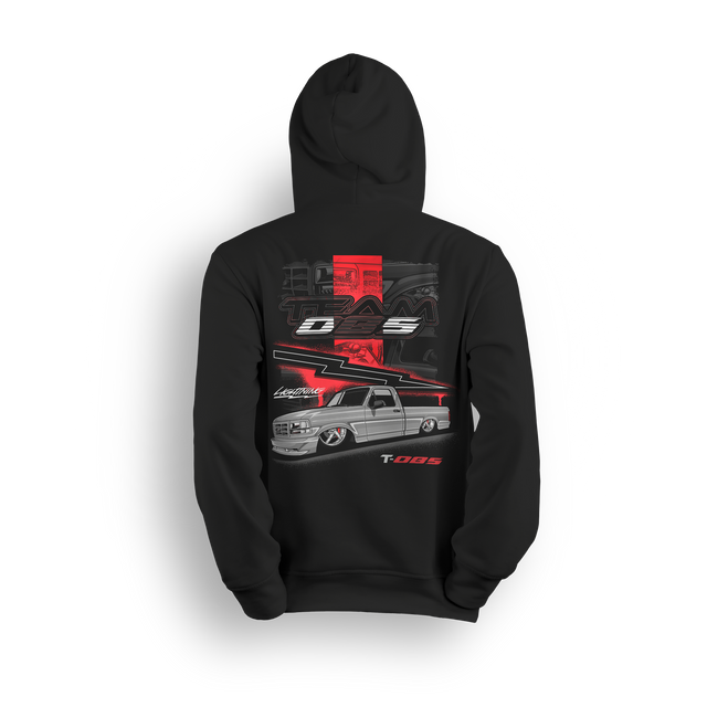 Black hoodie featuring a silver OBS truck with red lightning graphics and TEAM OBS vertical design