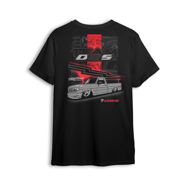 Black t-shirt featuring a silver OBS truck with red lightning graphics and TEAM OBS vertical design