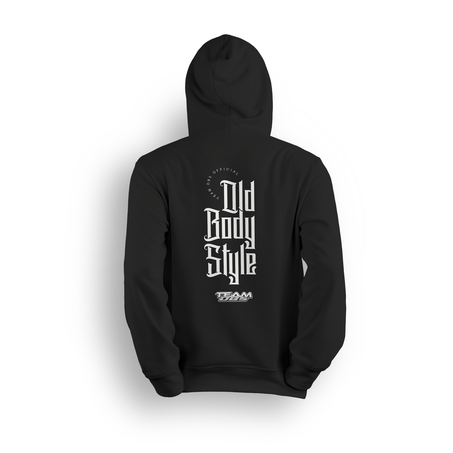 Black hoodie with vertical Old Body Style gothic lettering and TEAM OBS logo