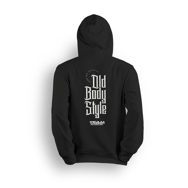 Black hoodie with vertical Old Body Style gothic lettering and TEAM OBS logo