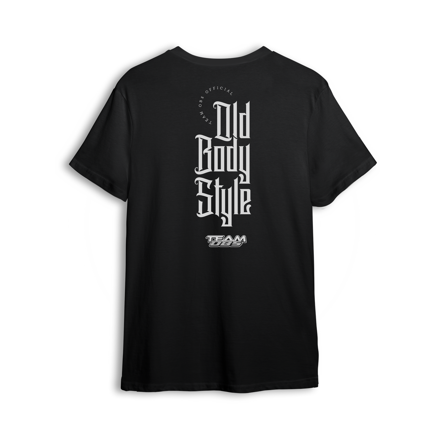 Black t-shirt with vertical Old Body Style gothic lettering and TEAM OBS logo