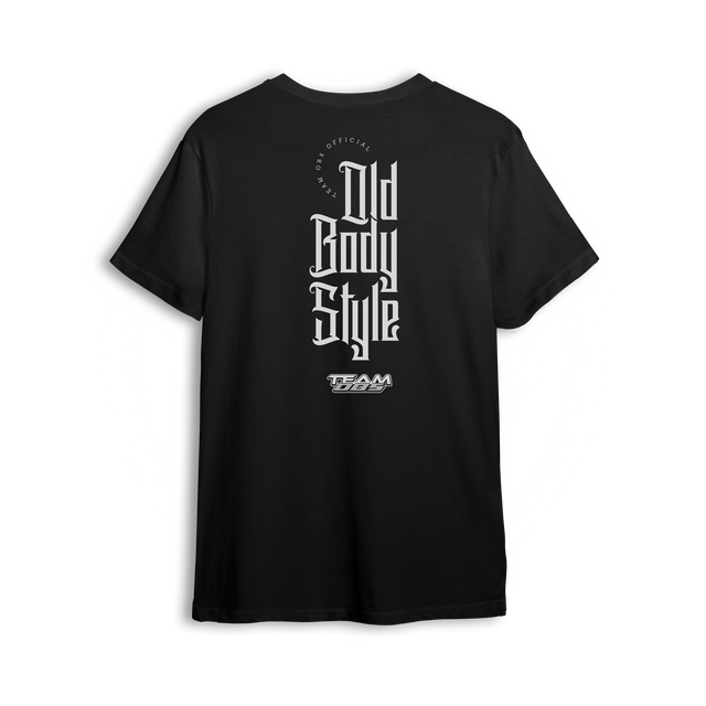 Black t-shirt with vertical Old Body Style gothic lettering and TEAM OBS logo