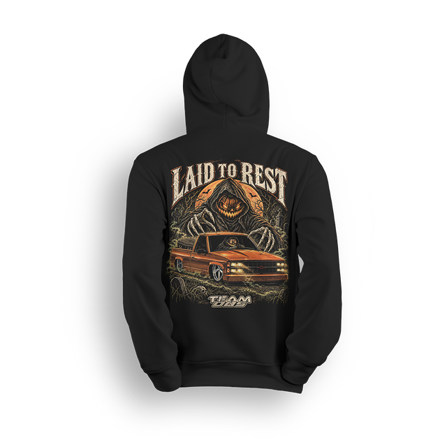Laid to Rest Team OBS hoodie, back print – pumpkin reaper and slammed OBS Chevy hauling a coffin