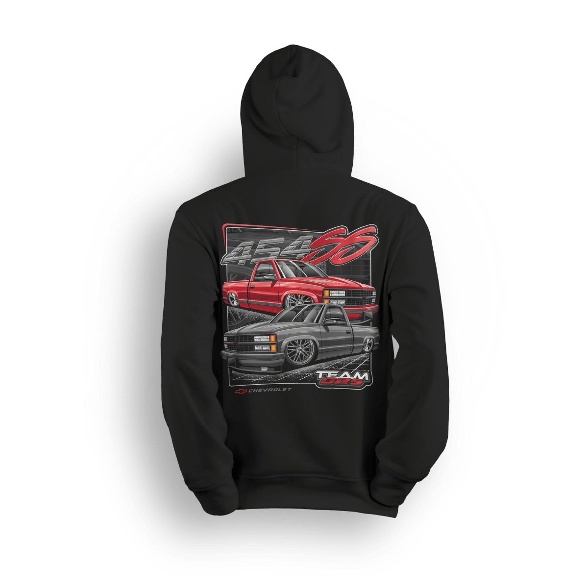 Black hoodie featuring red and gray 454SS OBS trucks with bold Team OBS and 454 graphics