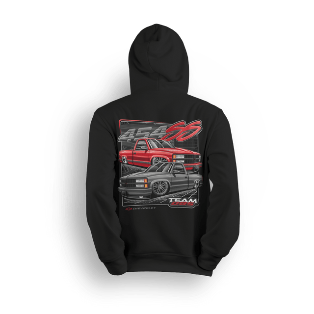 Black hoodie featuring red and gray 454SS OBS trucks with bold Team OBS and 454 graphics