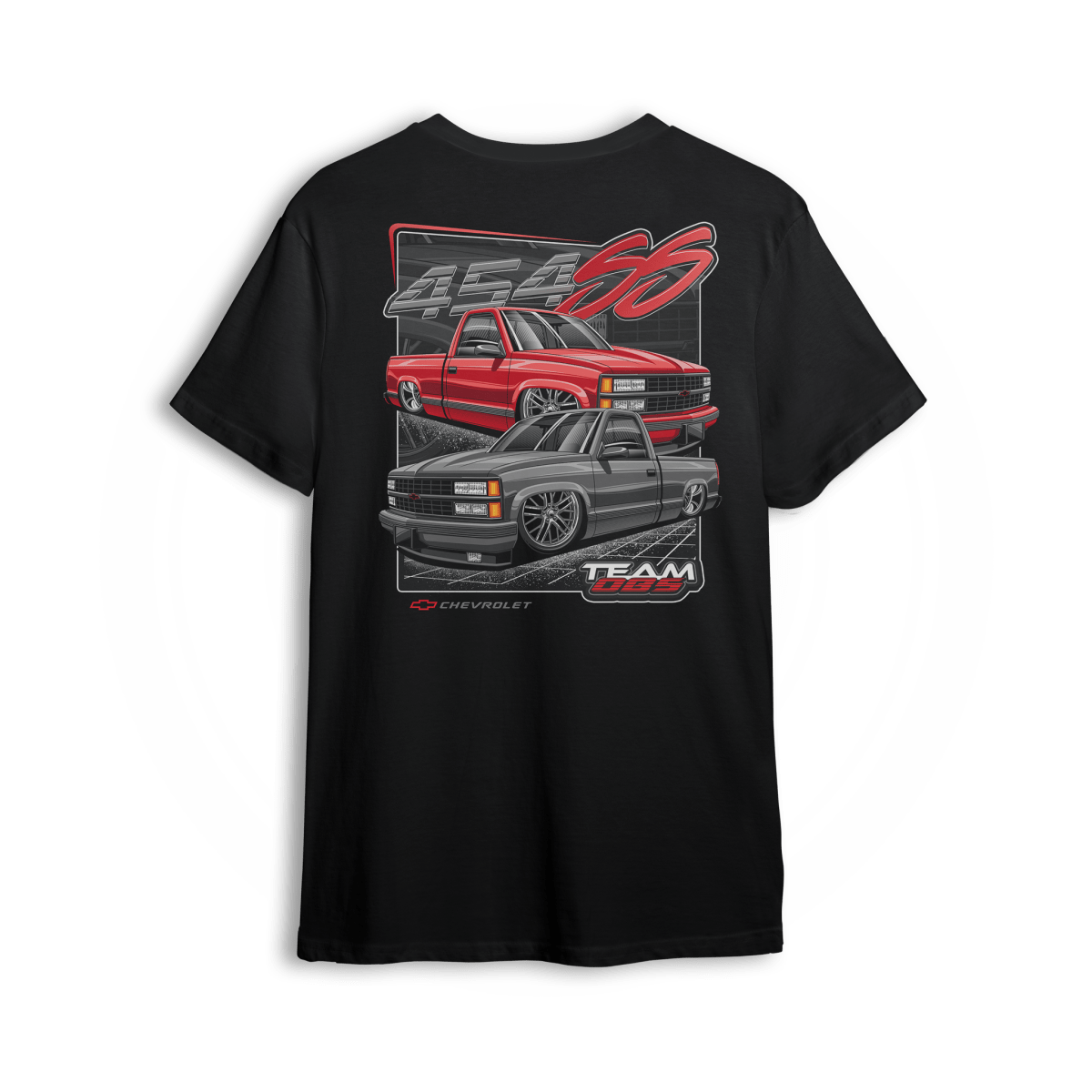 Black t-shirt featuring red and gray 454SS OBS trucks with bold Team OBS and 454 graphics
