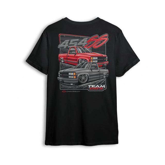 Black t-shirt featuring red and gray 454SS OBS trucks with bold Team OBS and 454 graphics