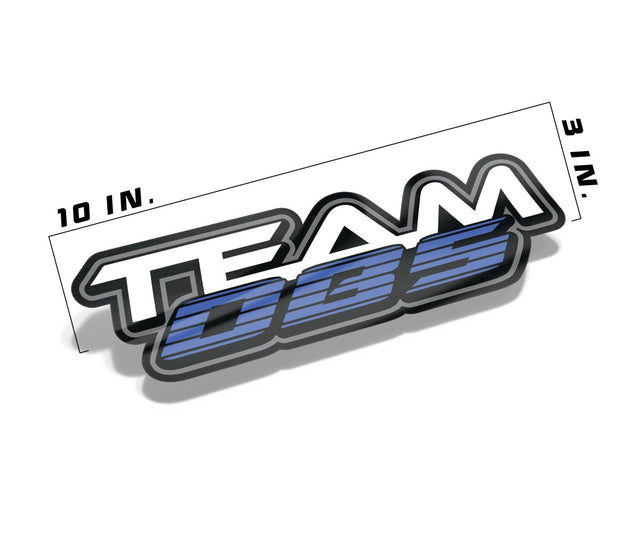 Team OBS decal measuring 10 inches by 3 inches with blue and white layered logo on gloss vinyl