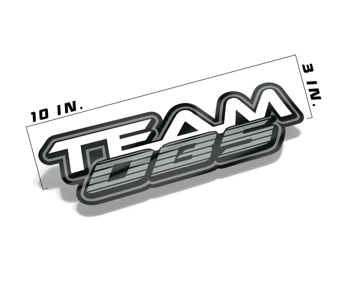 Team OBS decal measuring 10 inches by 3 inches with grey and white layered logo on gloss vinyl