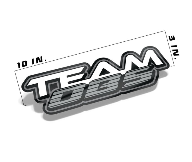 Team OBS decal measuring 10 inches by 3 inches with grey and white layered logo on gloss vinyl