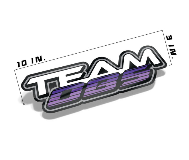 Team OBS decal measuring 10 inches by 3 inches with purple and white layered logo on gloss vinyl