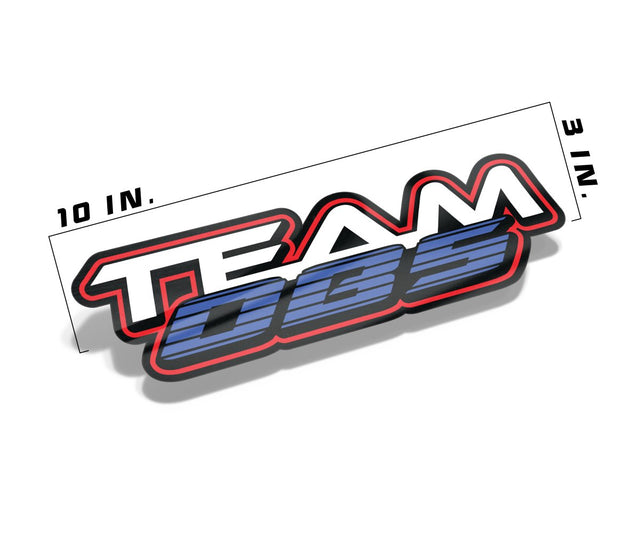 10x3 inch Team OBS windshield decal with blue/red and white layered logo. Gloss vinyl, outdoor safe.