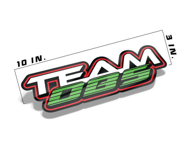 Team OBS decal measuring 10 inches by 3 inches with red/green and white layered logo on gloss vinyl