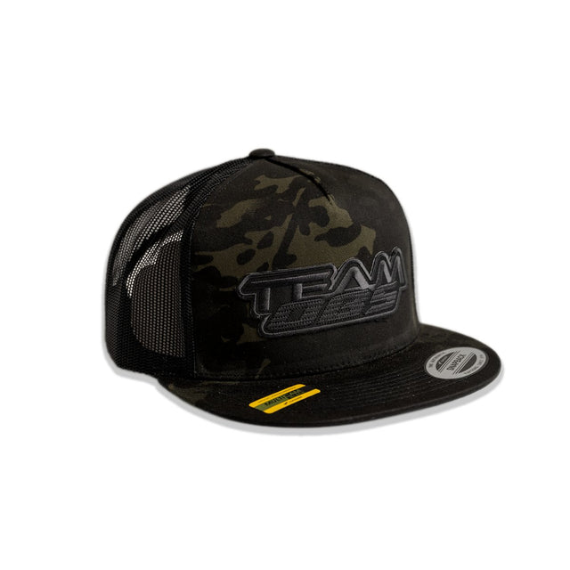 Stealth camo flat bill snapback hat with black mesh and 3D Team OBS logo embroidery