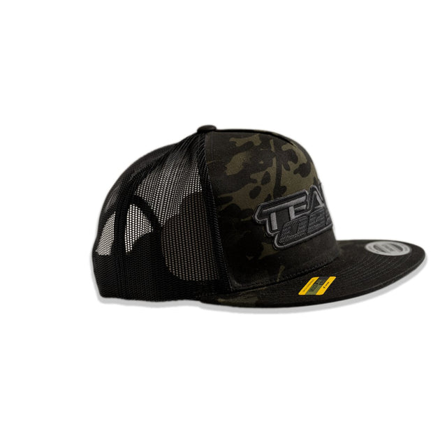 Stealth camo flat bill snapback hat with black mesh and 3D Team OBS logo embroidery
