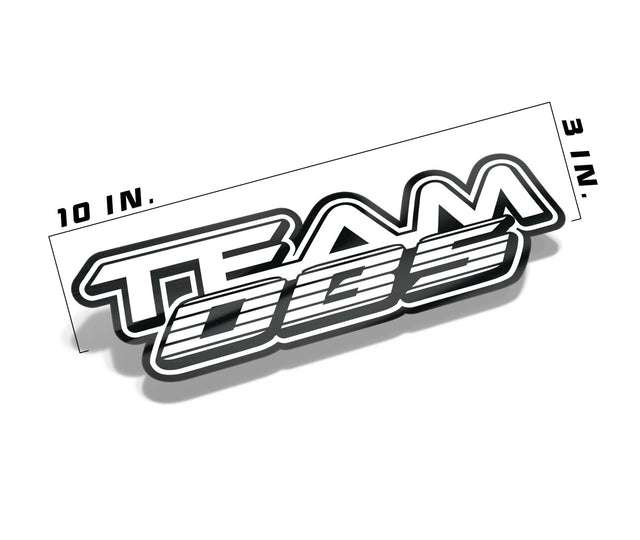 Team OBS decal measuring 10 inches by 3 inches white layered logo on gloss vinyl