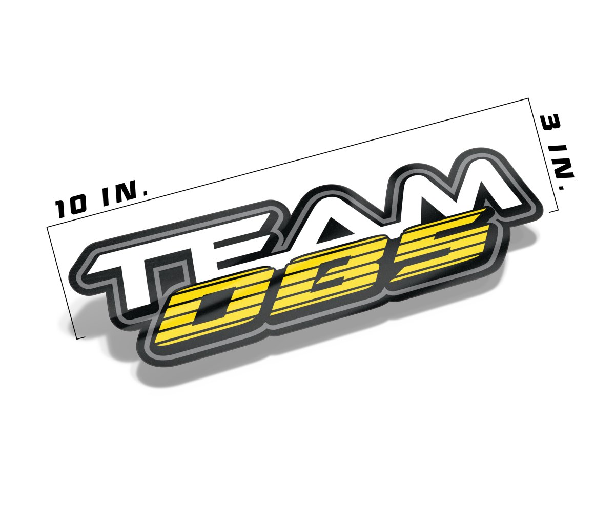 Team OBS decal measuring 10 inches by 3 inches with yellow and white layered logo on gloss vinyl