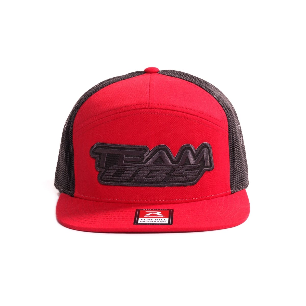 Red flat bill snapback hat with black mesh and black 3D Team OBS logo embroidery