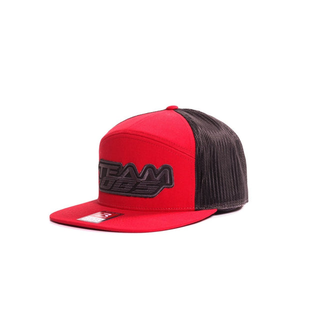 Red flat bill snapback hat with black mesh and black 3D Team OBS logo embroidery