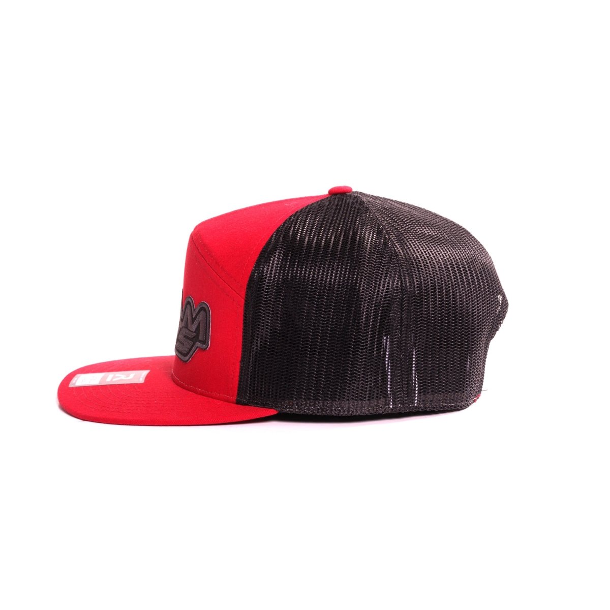 Red flat bill snapback hat with black mesh and black 3D Team OBS logo embroidery