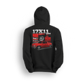 Graphic hoodie featuring a red OBS truck with 17x11 mesh wheels, front-end close-ups, and "17x11 Gang" text. Custom truck scene style design.