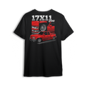 Graphic t-shirt featuring a red OBS truck with 17x11 mesh wheels, front-end close-ups, and "17x11 Gang" text. Custom truck scene style design.