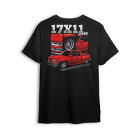 Graphic t-shirt featuring a red OBS truck with 17x11 mesh wheels, front-end close-ups, and "17x11 Gang" text. Custom truck scene style design.