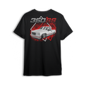 T-shirt design showing a slammed white OBS truck with billet wheels, red geometric background, and 350SS lettering. Classic Chevy sport truck graphic.