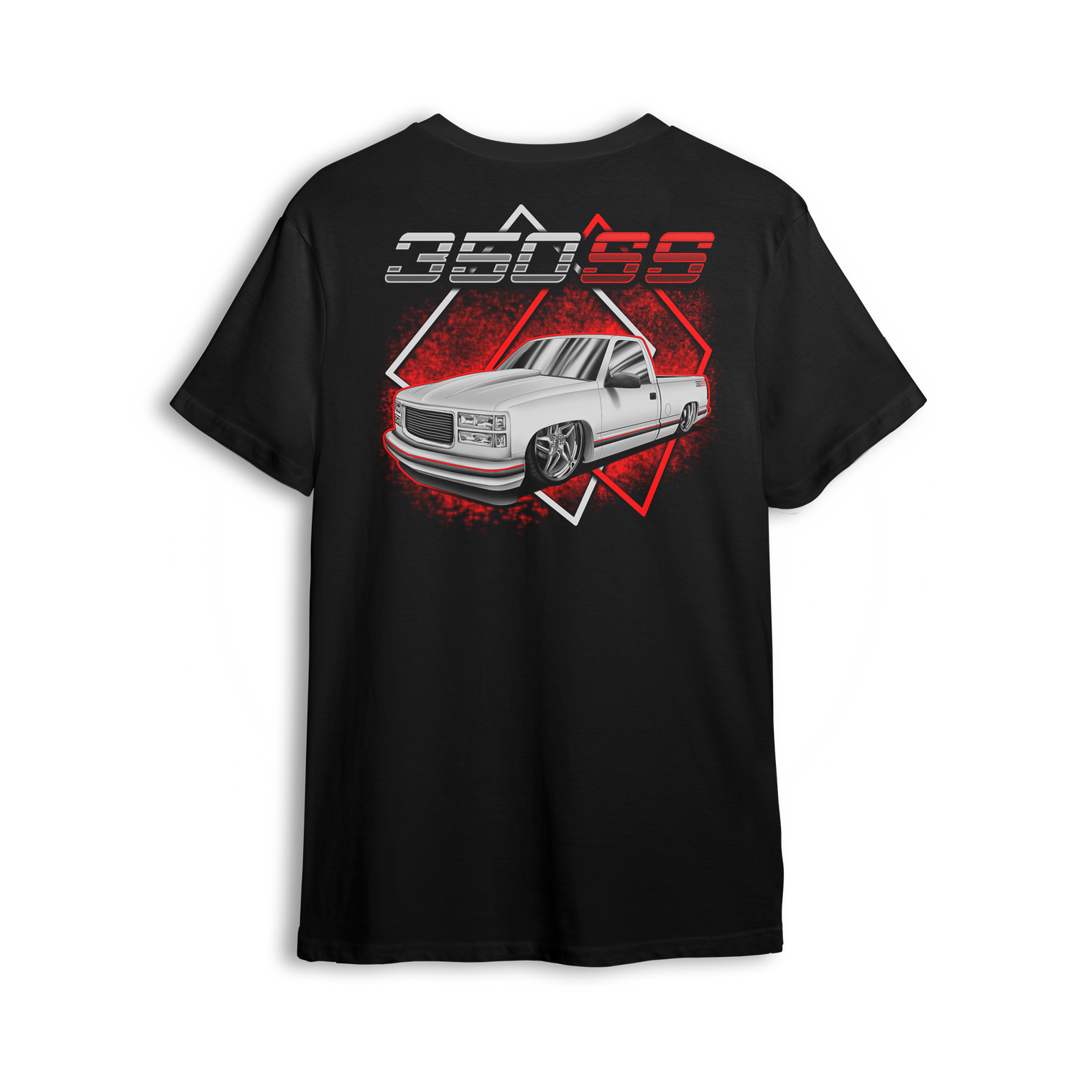 T-shirt design showing a slammed white OBS truck with billet wheels, red geometric background, and 350SS lettering. Classic Chevy sport truck graphic.