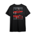 T-shirt with two red OBS trucks, city skyline, palm trees, and low stance. Design captures the sunset cruise truck scene.