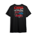 T-shirt design showing five stacked OBS Chevy trucks in various colors and styles with "OBS Gang" text. Perfect for custom truck fans.