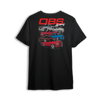 T-shirt design showing five stacked OBS Chevy trucks in various colors and styles with "OBS Gang" text. Perfect for custom truck fans.