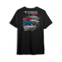 T-shirt featuring five stacked OBS trucks in red, blue, black, silver, and white with TOBS Gang text over grunge background.
