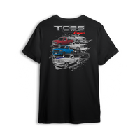 T-shirt featuring five stacked OBS trucks in red, blue, black, silver, and white with TOBS Gang text over grunge background.