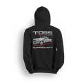 Hoodie featuring a slammed grey OBS Ford dually with TOBS XLT Super Durty text and red swoop detail.