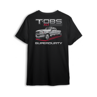 T-shirt featuring a slammed grey OBS Ford dually with TOBS XLT Super Durty text and red swoop detail.