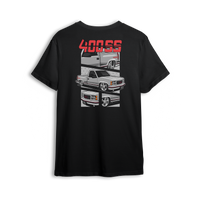 T-shirt showing a slammed silver OBS truck with red 400SS lettering, detailed front end, and close-up wheel view.