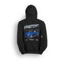 Hoodie featuring a slammed blue Ford Lightning truck over a city skyline with stylized Lightning script and lowered stance.