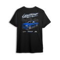 T-shirt featuring a slammed blue Ford Lightning truck over a city skyline with stylized Lightning script and lowered stance.