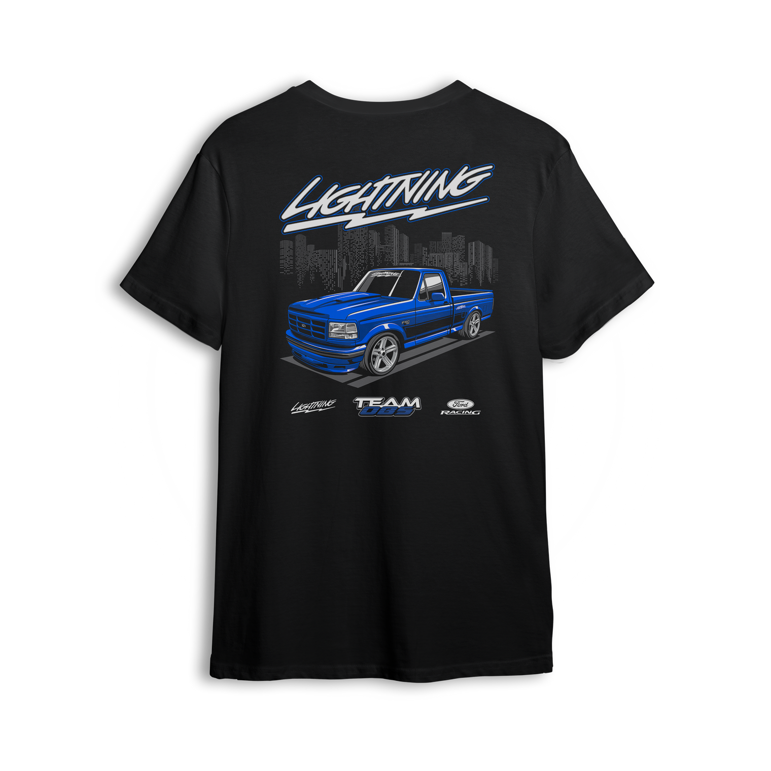 T-shirt featuring a slammed blue Ford Lightning truck over a city skyline with stylized Lightning script and lowered stance.
