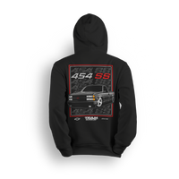 Hoodie featuring a black OBS 454SS truck with red-framed graphic and repeating 454 SS text in background.