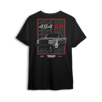T-shirt featuring a black OBS 454SS truck with red-framed graphic and repeating 454 SS text in background.