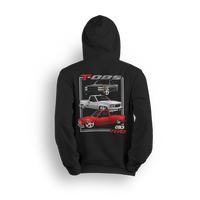 Hoodie showing three OBS trucks in black, silver, and red stacked vertically with TOBS text and OBS Fever script.