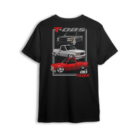 T-shirt showing three OBS trucks in black, silver, and red stacked vertically with TOBS text and OBS Fever script.